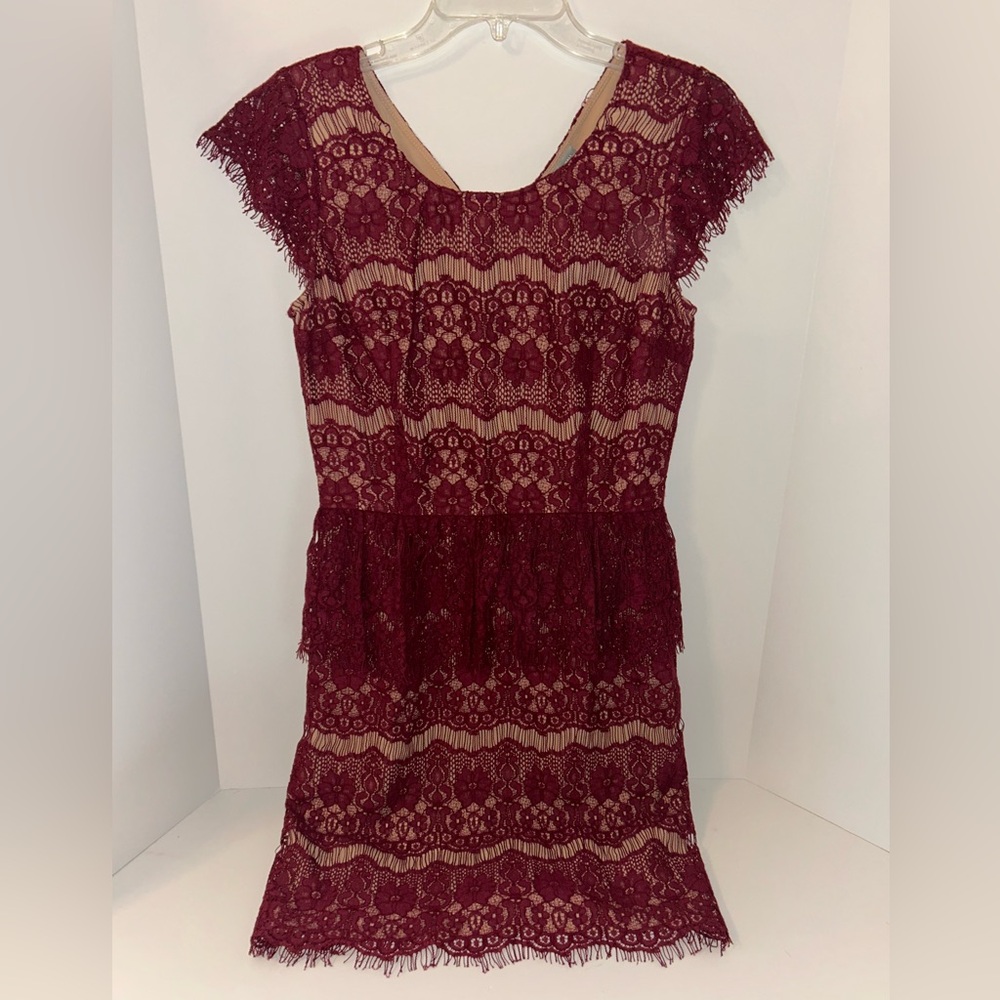 Maeve Anthropologie womens Elsa peplum dress‎ burgundy lace LINED size Small